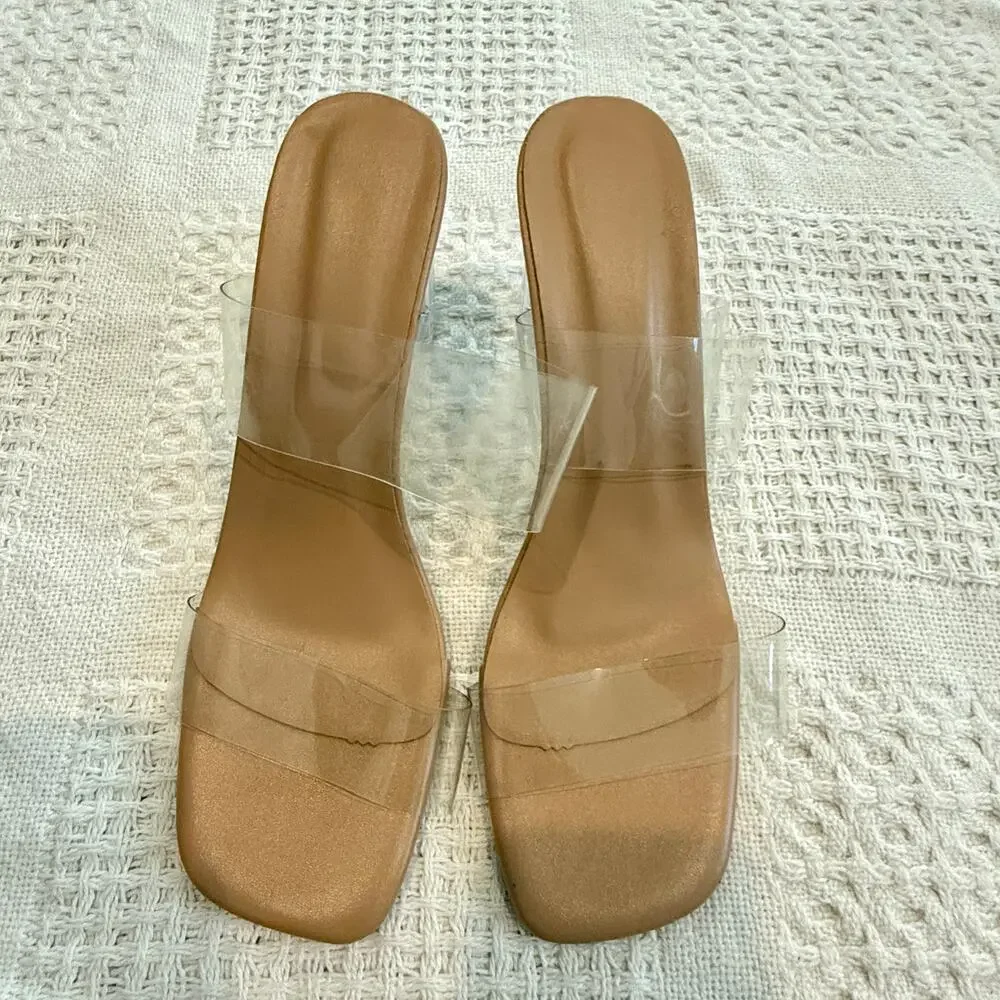 women's 39 rubber clear double strap square toe heels sandal 3089